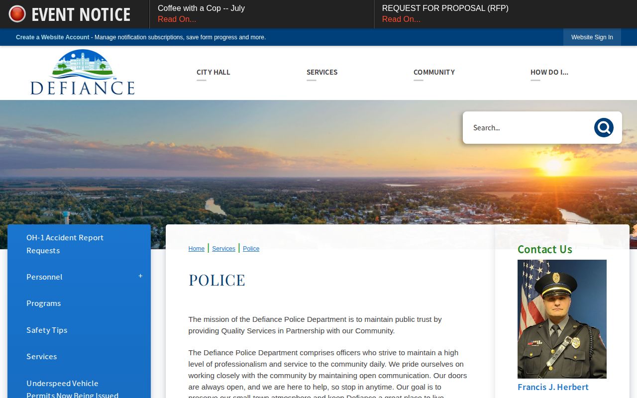 Defiance Police Division official arrest records contact page