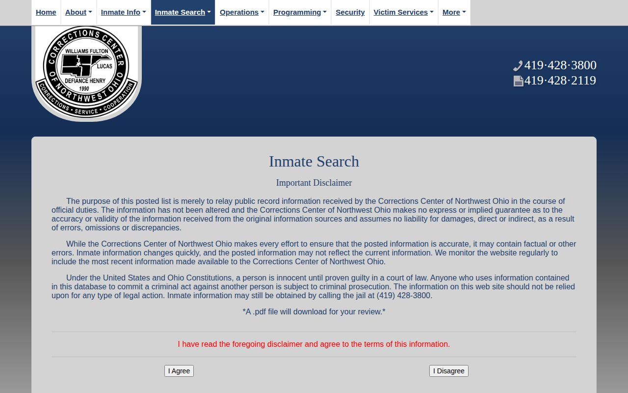 Defiance County CCNO active booking roster search notice
