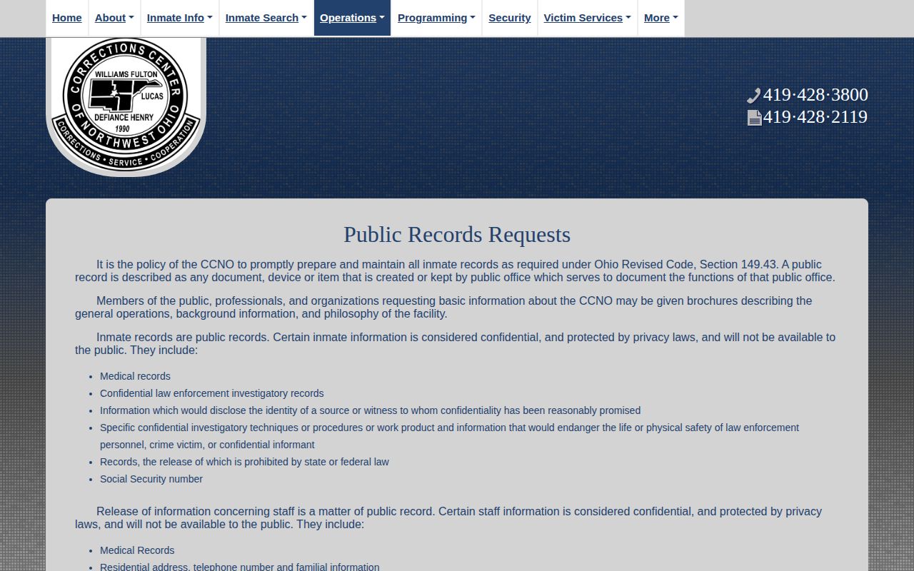 Defiance County CCNO public booking-record request policy