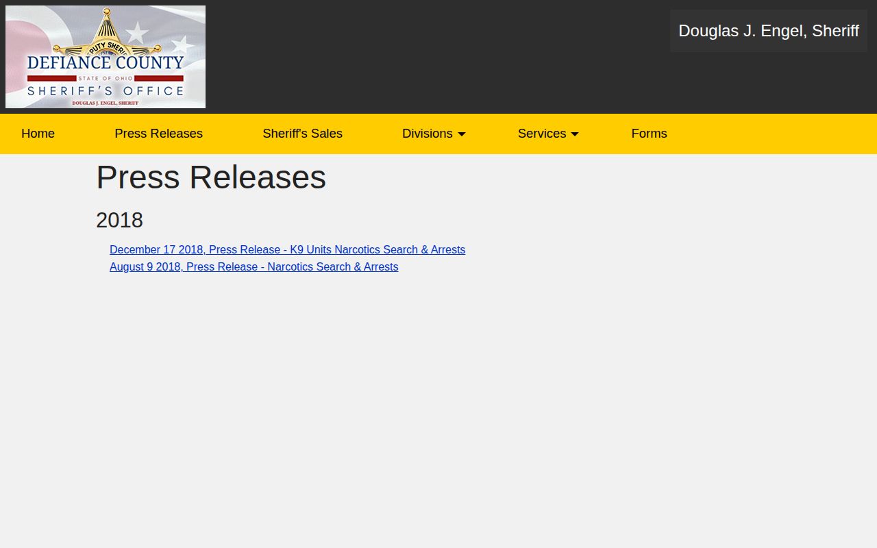 Defiance County Sheriff’s Office press-release archive for county crime news