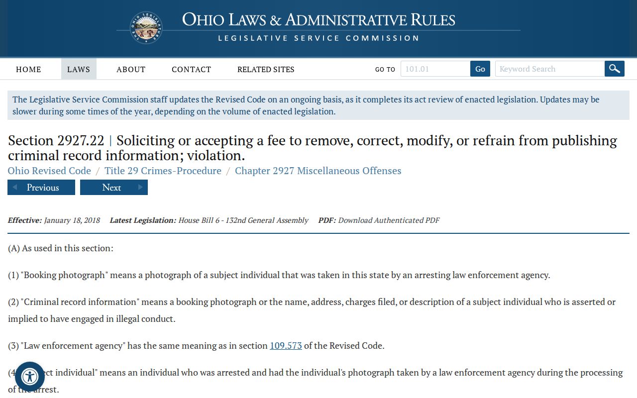 Ohio law on Defiance County booking-photo removal practices